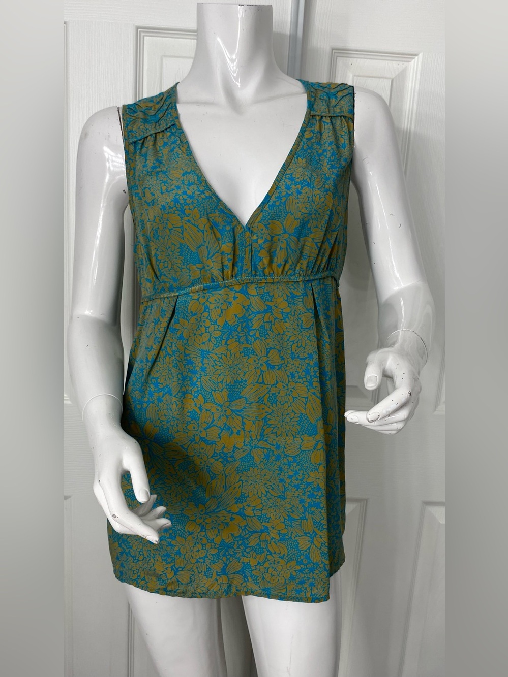 💯Silk Petticoat Alley Teal & Mustard Floral V-Neck Chemise
